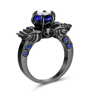 Blue Sapphire Skull Wedding Ring 10KT Black Gold